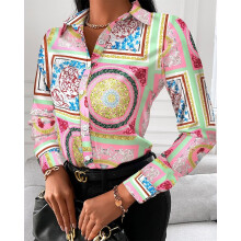(Pink print, XL) Autumn Trend Women's Fashionable All-match Shirt Chain/Floral/Letter/Geometric Square Print Lapel Button Long Sleeve Shirt