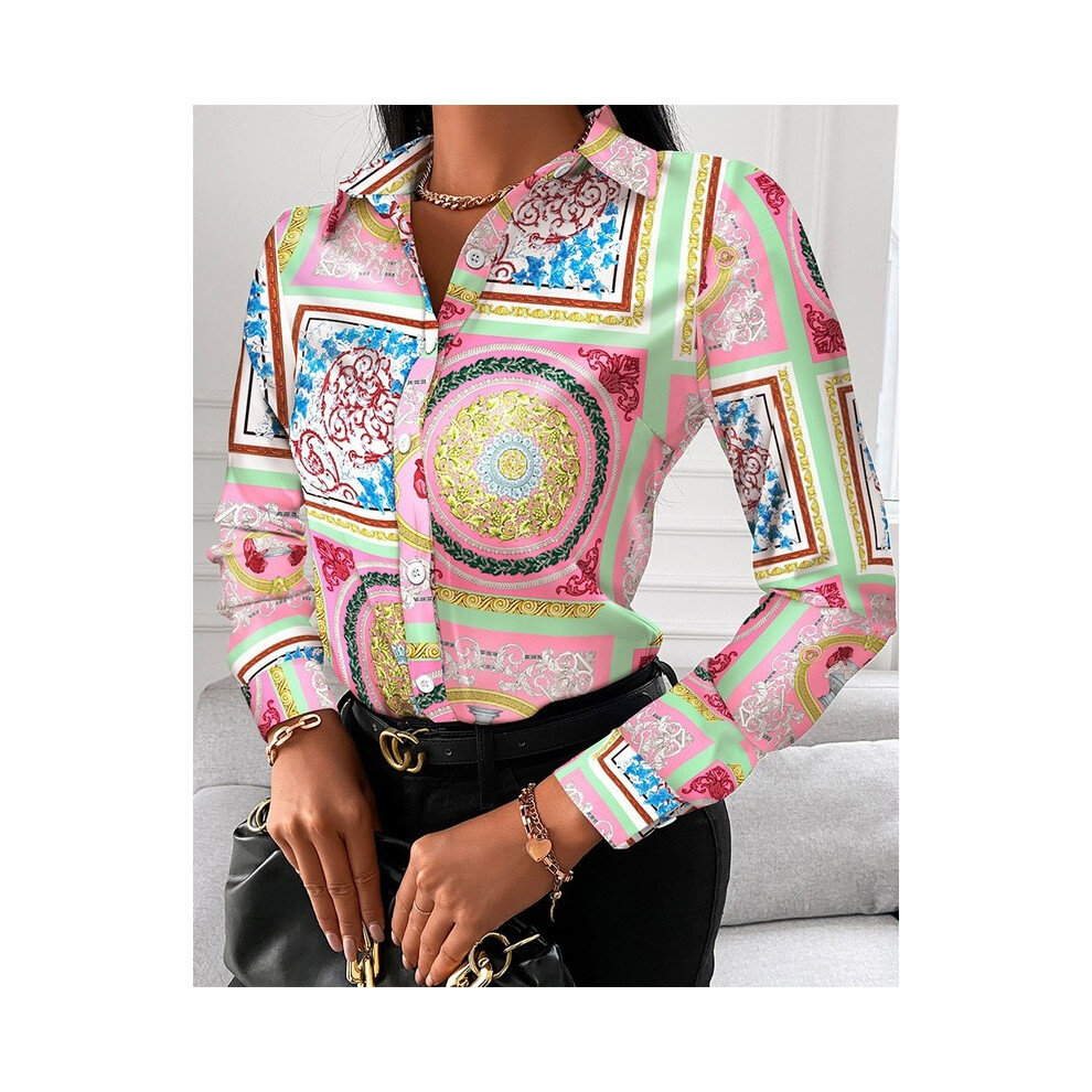 Maxpower ( Print, L) Autumn Trend Women's Fashionable All-Match Shirt Chain/Floral/Letter/Geometric Square Print Lapel Button Long Sleeve Shirt Pink
