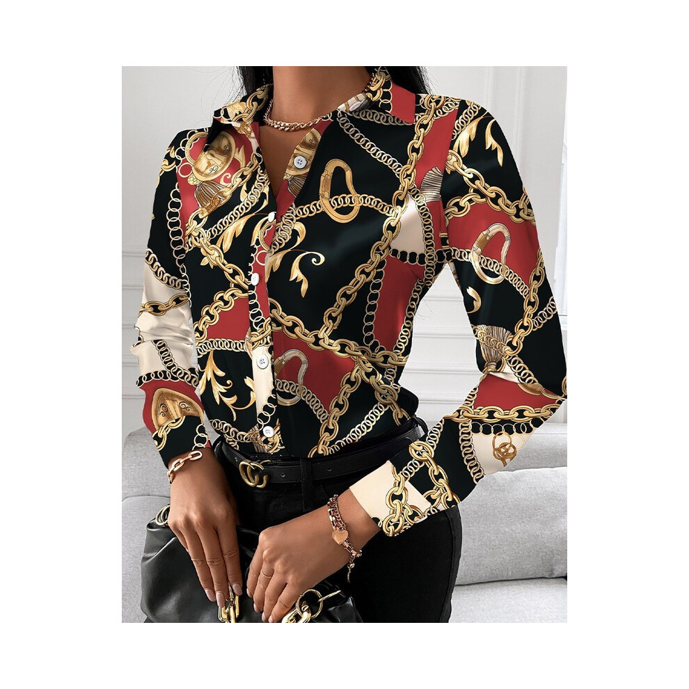 Maxpower ( Chain, S) Autumn Trend Women's Fashionable All-Match Shirt Chain/Floral/Letter/Geometric Square Print Lapel Button Long Sleeve Shirt Red