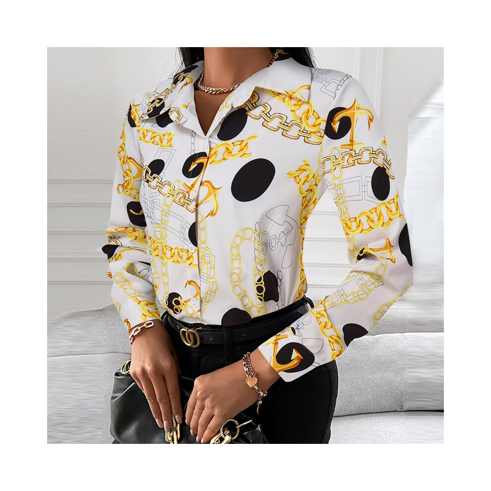 Maxpower (White Yellow Chain, Xxl) Autumn Trend Women's Fashionable All-Match Shirt Chain/Floral/Letter/Geometric Square Print Lapel Button Long Sleeve Shirt White,Yellow