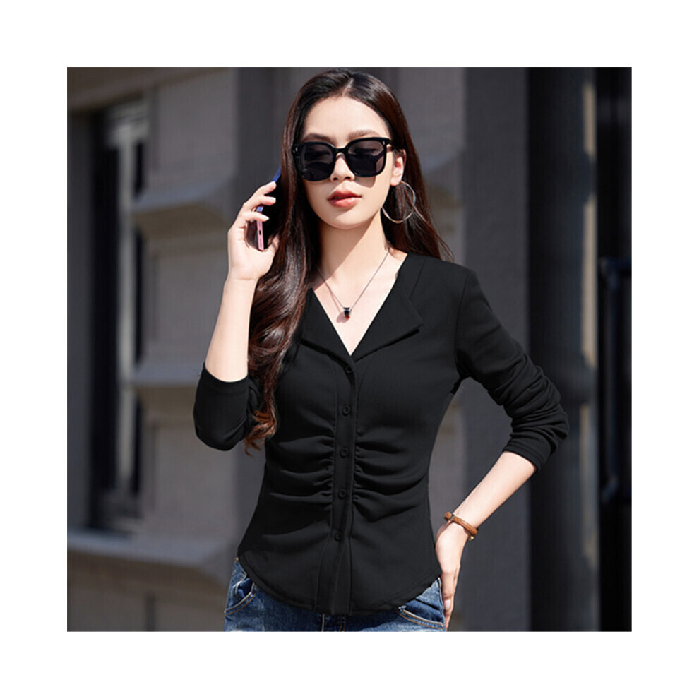 (Black, XXXL) #0438 Spring Autumn Short T Shirt Women Turn-down Collar Buttons Sexy Skinny Long Sleeve T Shirt Cotton 78% Womens Tee Shirts