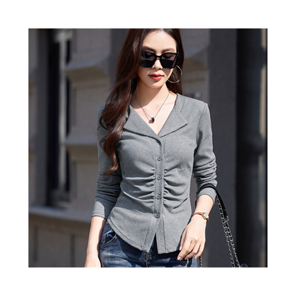 (Light Gray, XXL) #0438 Spring Autumn Short T Shirt Women Turn-down Collar Buttons Sexy Skinny Long Sleeve T Shirt Cotton 78% Womens Tee Shirts