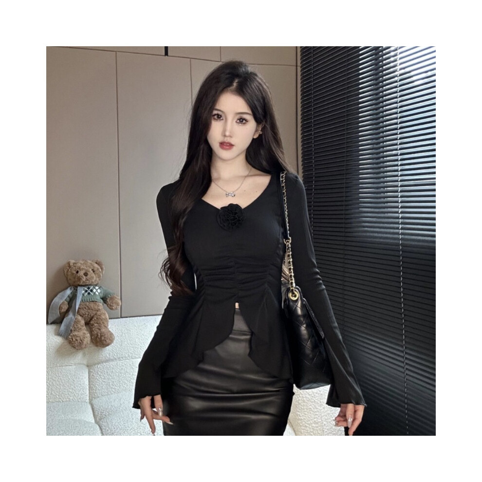 (black, L) Women Spring Autumn Fashion Sexy Pleated Solid Color V-neck Flare Sleeve T-Shirt Ladies Elegant Temperament All-match Trend Tops