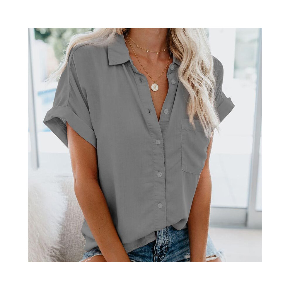 (GRAY, L) Summer Office Lady Solid Tops and Blouses Casual Turn-drow Collar T Shirt for Women Elegant Short Sleeve Loose Blouse Tee