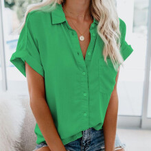 (green, L) Summer Office Lady Solid Tops and Blouses Casual Turn-drow Collar T Shirt for Women Elegant Short Sleeve Loose Blouse Tee