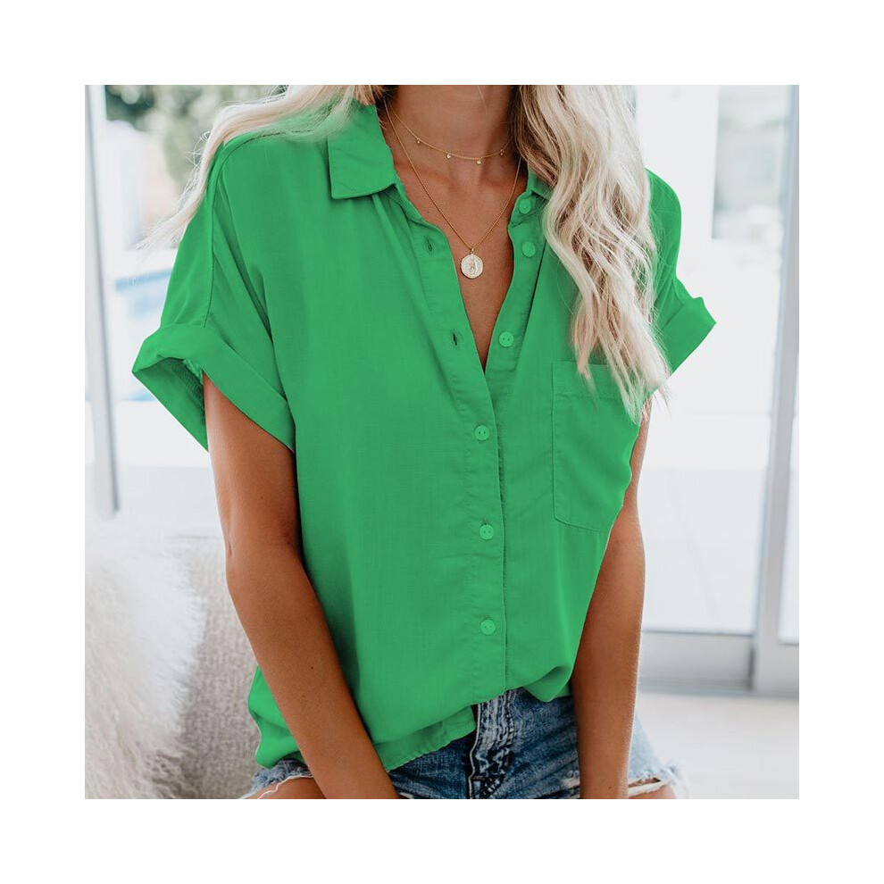 (green, S) Summer Office Lady Solid Tops and Blouses Casual Turn-drow Collar T Shirt for Women Elegant Short Sleeve Loose Blouse Tee