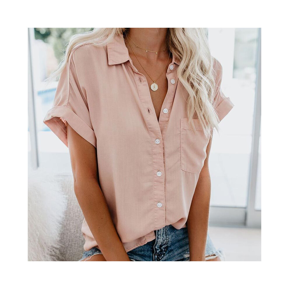Maxpower (Pink, M) Summer Office Lady Solid Tops And Blouses Casual Turn-Drow Collar T Shirt For Women Elegant Short Sleeve Loose Blouse Tee