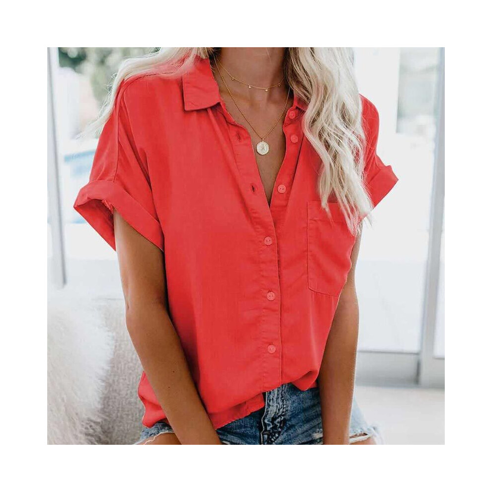(Red, XL) Summer Office Lady Solid Tops and Blouses Casual Turn-drow Collar T Shirt for Women Elegant Short Sleeve Loose Blouse Tee