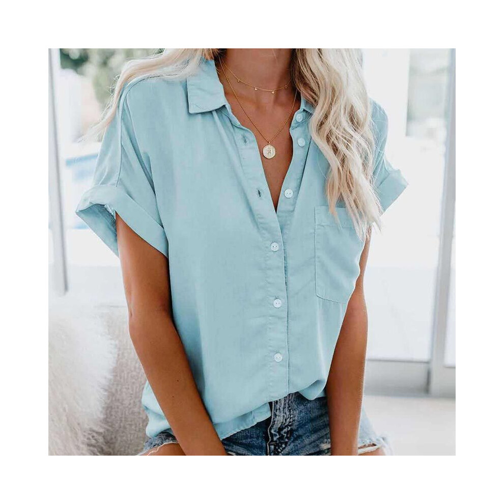 Maxpower (Sky Blue, L) Summer Office Lady Solid Tops And Blouses Casual Turn-Drow Collar T Shirt For Women Elegant Short Sleeve Loose Blouse Tee