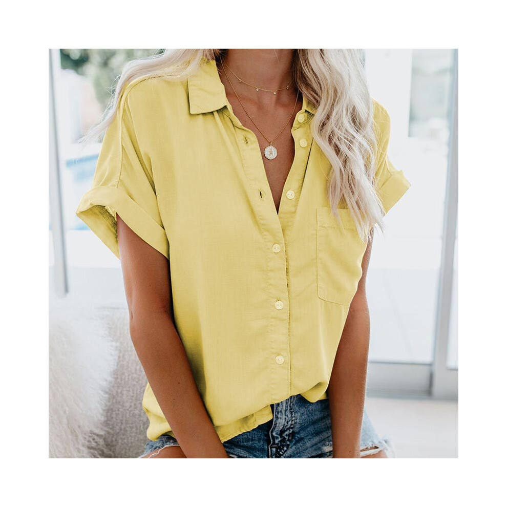 (Yellow, L) Summer Office Lady Solid Tops and Blouses Casual Turn-drow Collar T Shirt for Women Elegant Short Sleeve Loose Blouse Tee
