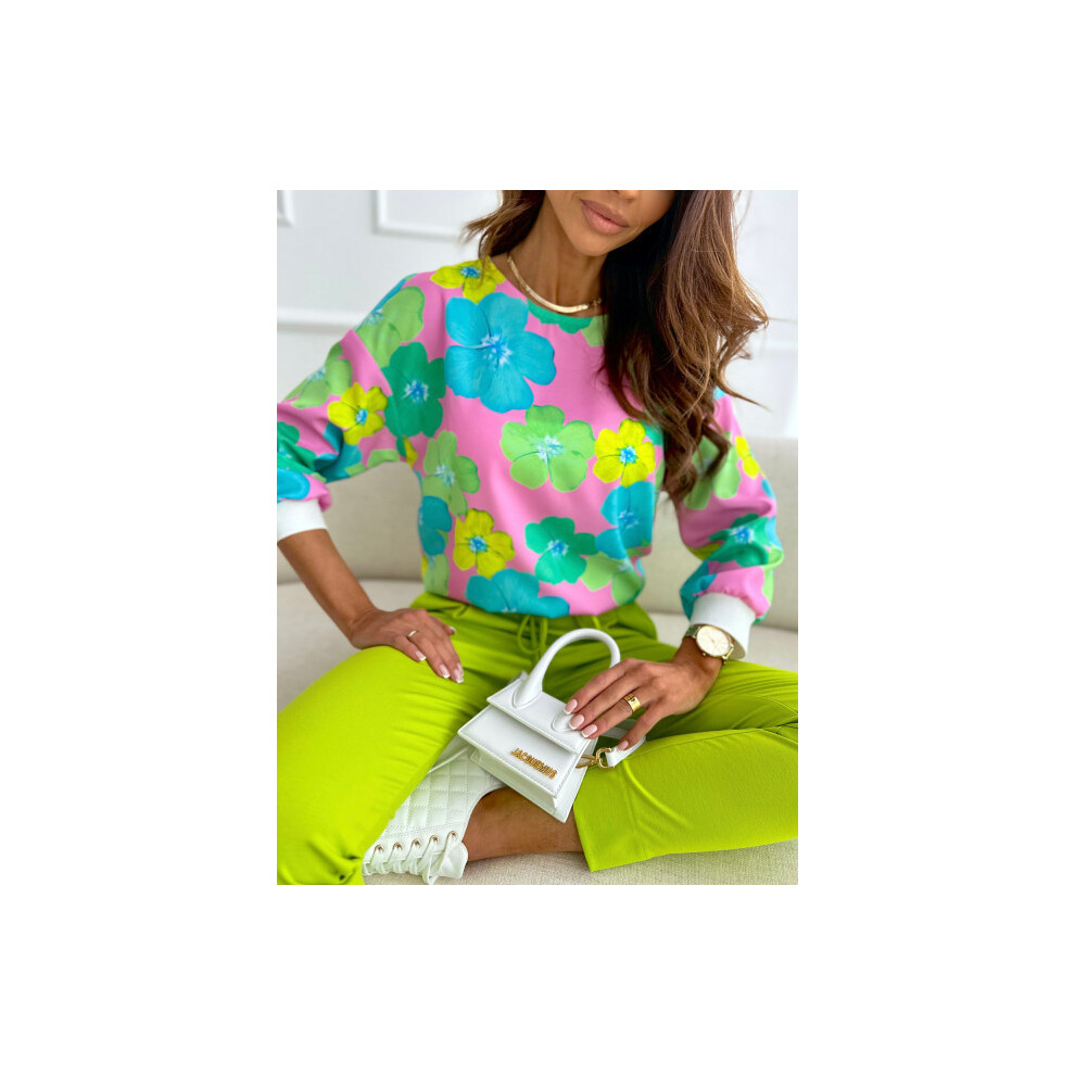 (Green, M) Spring Lady Shirts Long Sleeve O-neck Fashion Printing Women Floral Chiffon Blouses Womens Tops Blusas Femininas Elegantes