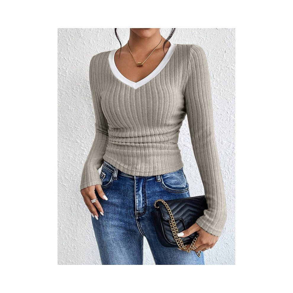 (Apricot, L) Women's T-Shirts Autumn Winter Fashion Contrast Color Long Sleeve V-Neck Fashion T-Shirts