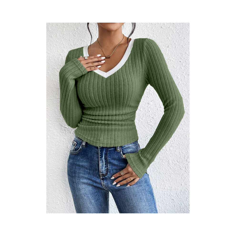 (Green, L) Women's T-Shirts Autumn Winter Fashion Contrast Color Long Sleeve V-Neck Fashion T-Shirts
