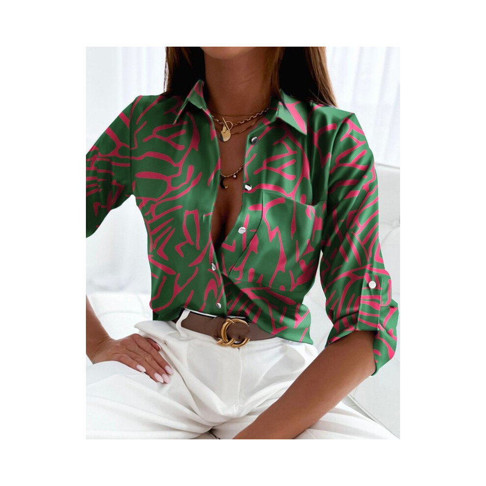 (green, S) Elegant Women Blouse Spring and Autumn Temperament Top Long Sleeve Stripe Print Office Slim Fit Pocket Shirt