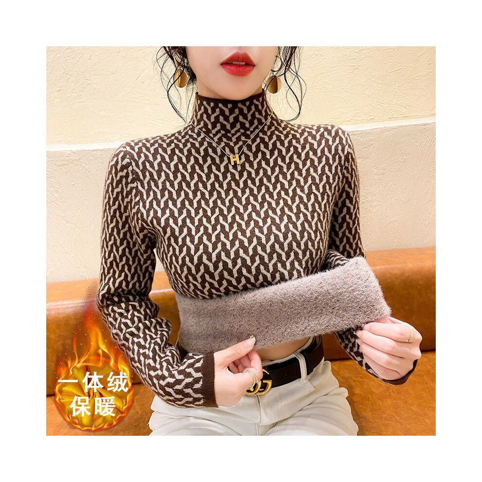 Maxpower (Chocolate, Xxl) Fleece Sweater Bottoming Shirt Female Autumn Winter Thick Interior Lapping Half Height Collar Slim Pullovers Fashion Top Tee