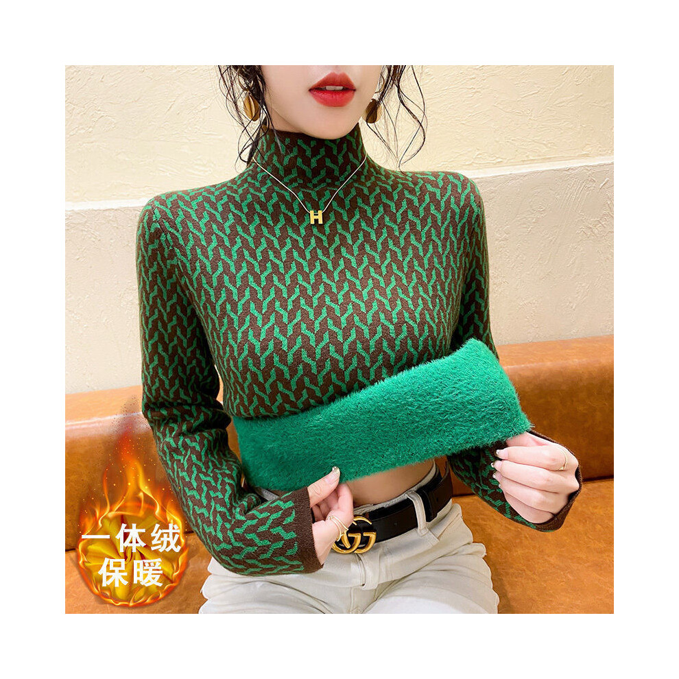 Maxpower (Green, L) Fleece Sweater Bottoming Shirt Female Autumn Winter Thick Interior Lapping Half Height Collar Slim Pullovers Fashion Top Tee
