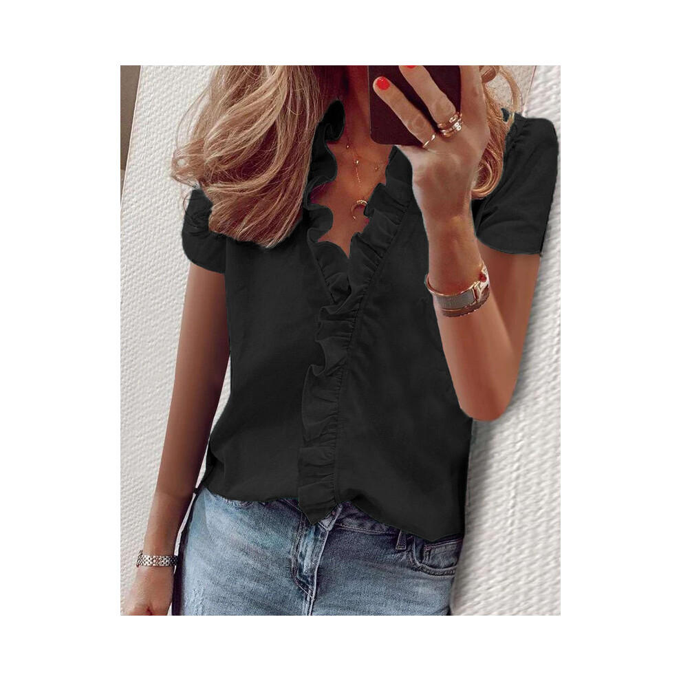 (BLL2016 DX Black, L) Spring Summer Short Sleeve Womens Tops Shirts Casual Ruffles V-Neck Office Blouses Ladies Camisas De Mujer Elegant Women Shirts