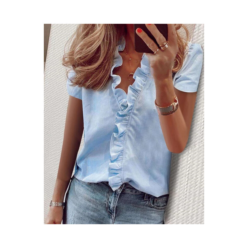 (BLL2016 DX Blue, XL) Spring Summer Short Sleeve Womens Tops Shirts Casual Ruffles V-Neck Office Blouses Ladies Camisas De Mujer Elegant Women Shirts