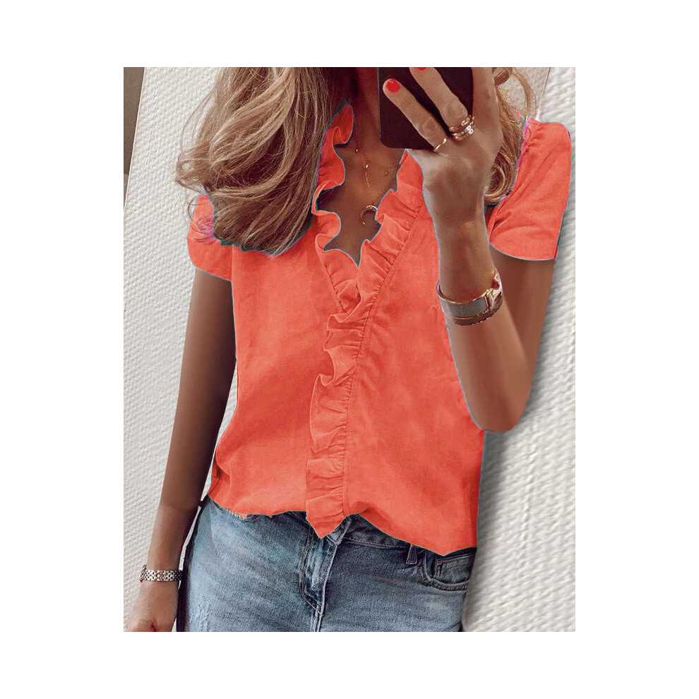 (BLL2016 DX Orange, XL) Spring Summer Short Sleeve Womens Tops Shirts Casual Ruffles V-Neck Office Blouses Ladies Camisas De Mujer Elegant Women Shirts
