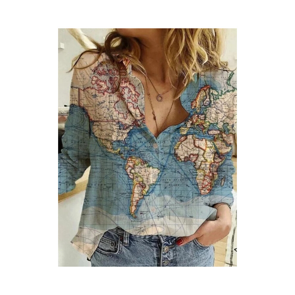 (blue, L) Elegant White Blouse Women's Long Sleeve Shirts  Spring Autumn Map Depicting Cotton Linen Shirt