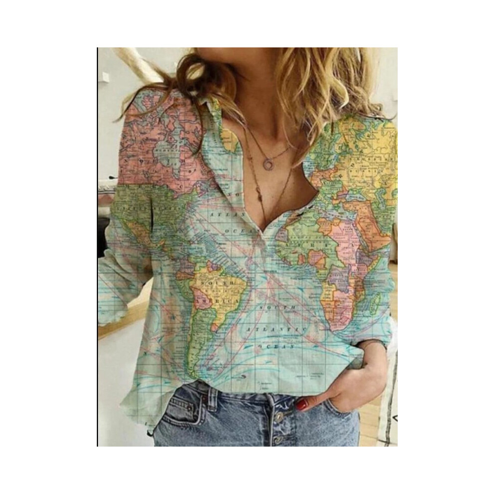 (qianlv, XXL) Elegant White Blouse Women's Long Sleeve Shirts  Spring Autumn Map Depicting Cotton Linen Shirt