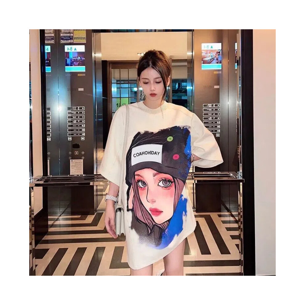 (White, XL) Summer New Loose Print All-match Casual Tops Tees Short Sleeve Solid Simplicity Oversize T Shirts Fashion Y2K Women Clothing
