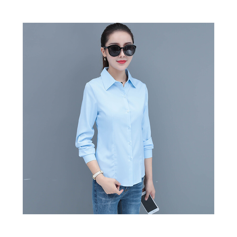 (Blue, L) Korean Fashion Blue Women's Shirt Long Sleeve Blouse Formal Shirt Slim Female Working Clothes Elegant Ladies Tos Basic OL Blouse