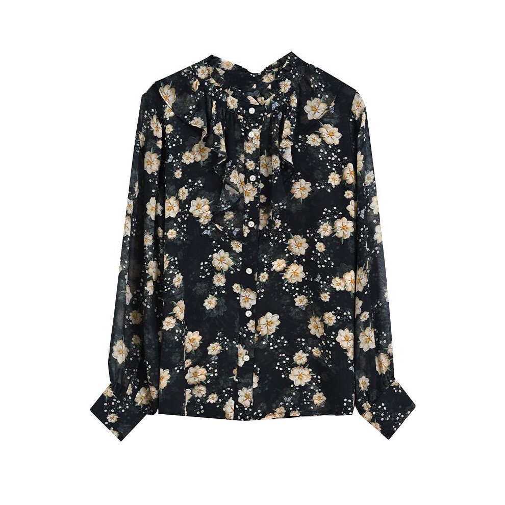 (MULTI, L) Chiffon Blouse Ladies Spring Summer New Fashion Ruffles Top Tee Korean Floral O-neck Long Sleeve Shirts Women Clothes Elegant