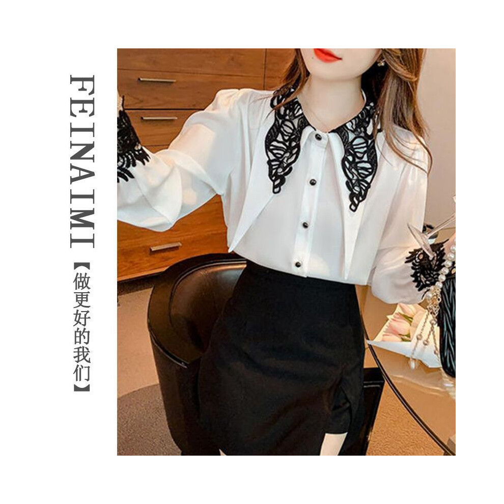 (WHITE, XXL) Women Spring Summer Fashion Lace Patchwork Solid Color Long Sleeve Chiffon Shirts Ladies Elegant All-match Temperament Tops