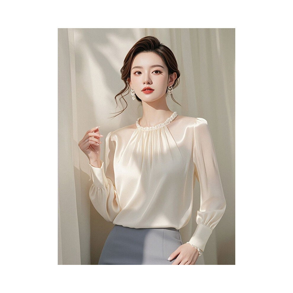 (APRICOT, M) Women Spring Autumn Elegant Temperament Pleated Solid Color O-neck Long Sleeve Shirts Ladies Simplicity Office Lady Satin Tops