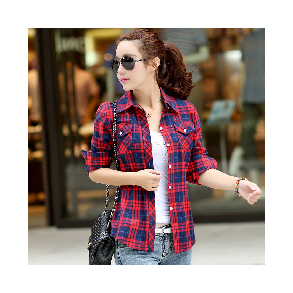 (8866-1, L) Asian size Cotton Blouse Women's Plaid Shirt Grid Spring Autumn Blouse Shirt Casual Long Sleeve Checkered Turn-down Outerwear