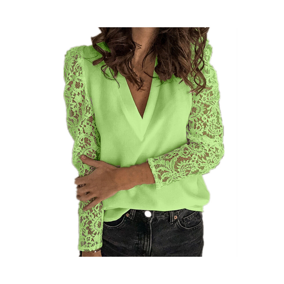 (Green changxiu, XXXL) Women Lace Patchwork Blouse Spring Autumn V Neck Short&Long Sleeve Slim Blouse Shirts FYY-5090
