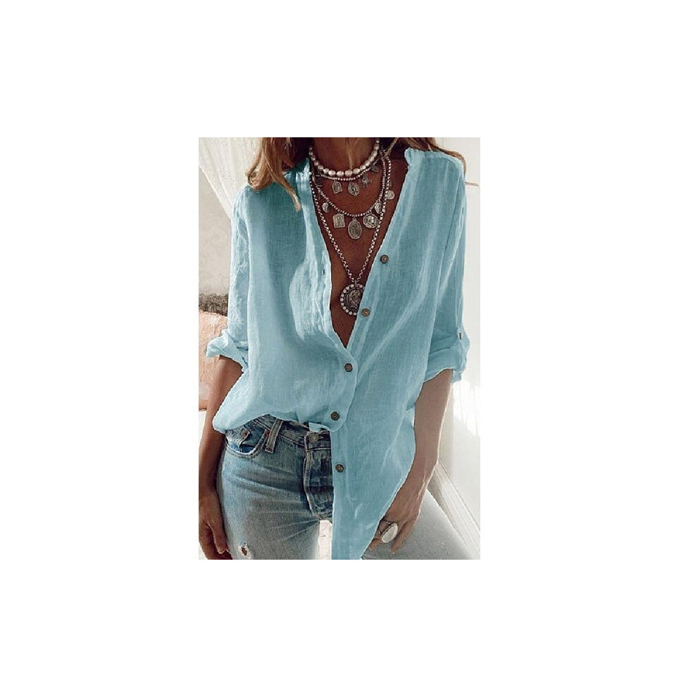 (Light blue, XXL) Ladies Spring and Autumn New Cotton Pull-Sleeve Loose V-Neck Long-Sleeved Tops Women's Casual White Shirt Women