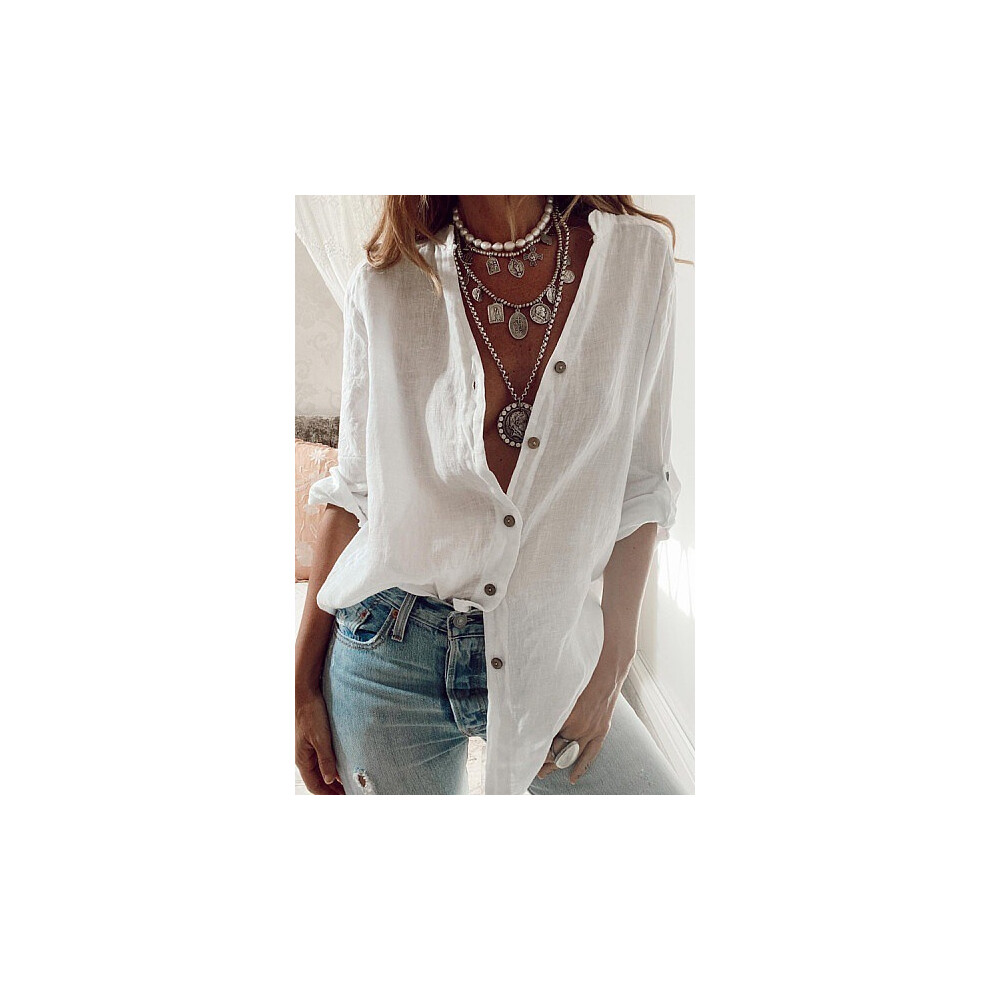 Maxpower (White, Xxxl) Ladies Spring And Autumn New Cotton Pull-Sleeve Loose V-Neck Long-Sleeved Tops Women's Casual White Shirt Women