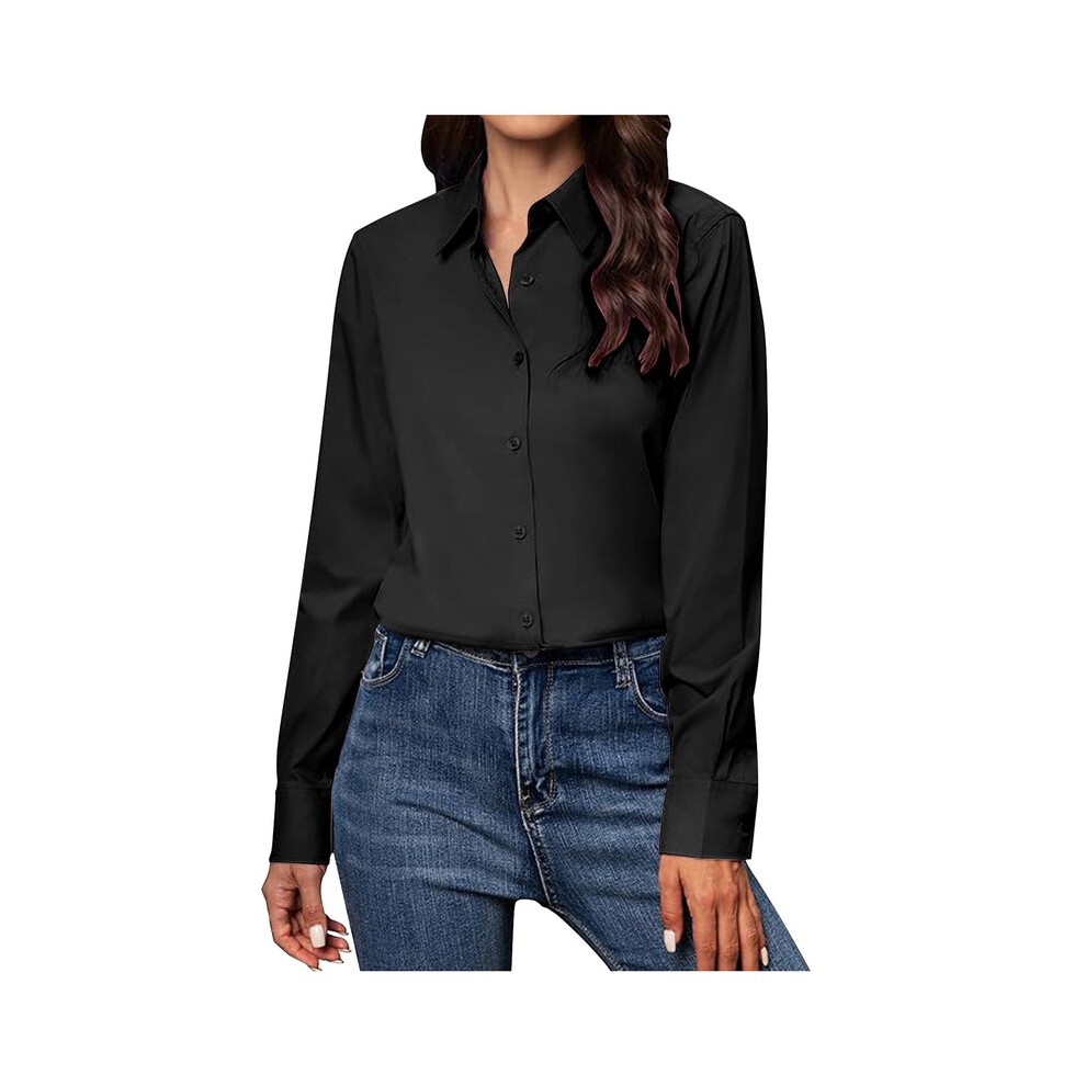 (Black, L) New Women'S White Shirts Fashion Casual Long Sleeve Lapel Cardigan Button Up Shirt Top Women Solid Color Formal Business