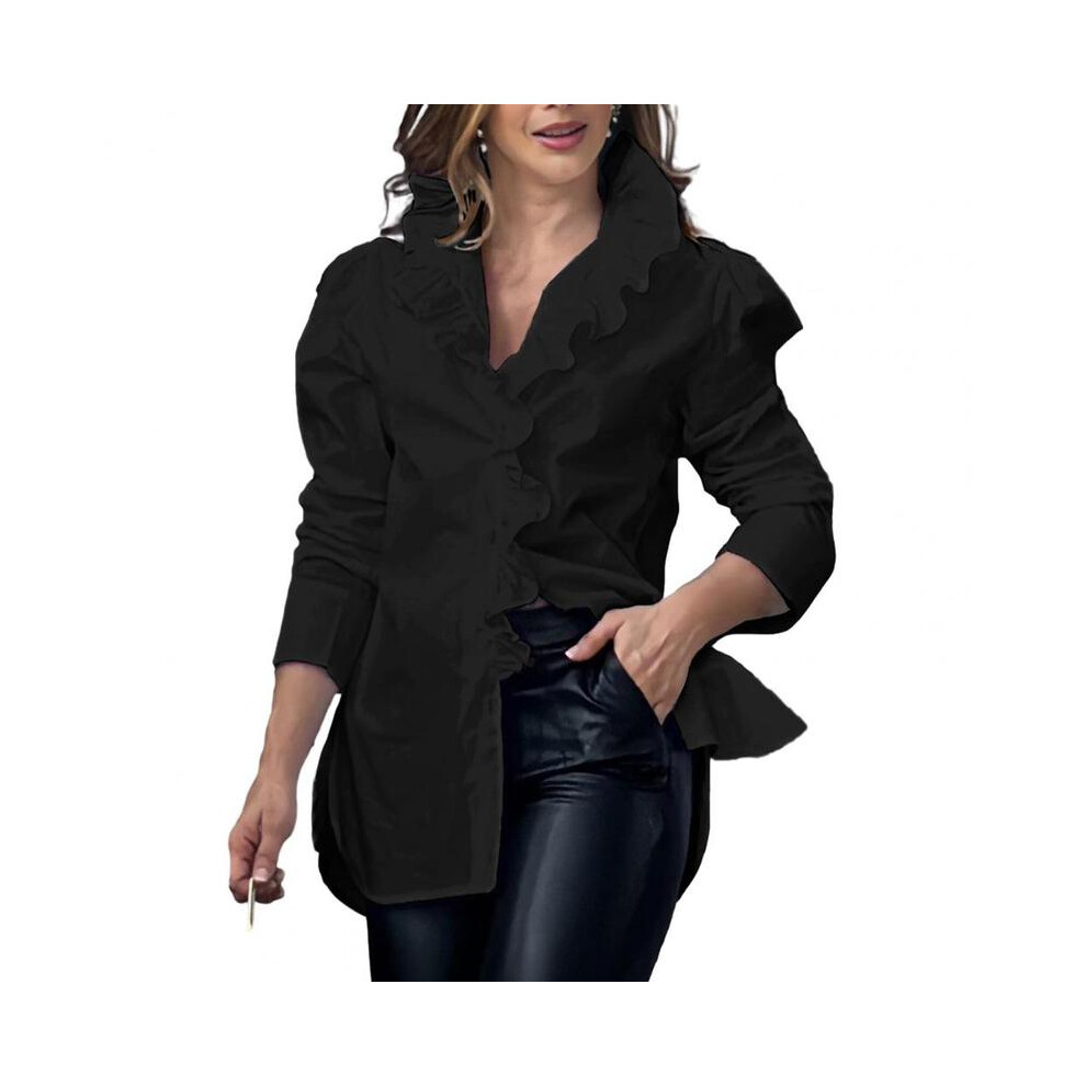 (black, 2XL) Women Long Sleeve Shirt Puffed Sleeves Blouse Stylish Women's V-neck Spring Autumn Blouse Top Ruffle Trim Women Casual Shirts