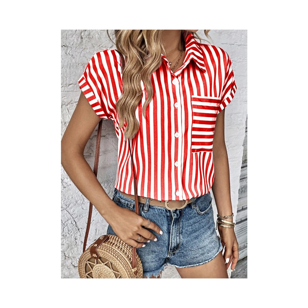 (Red, XXL) Women's Blouses Summer V-neck Pocket Striped Printed Short Sleev Shirt For Women Office Elegant Casual Tops Female Clothing