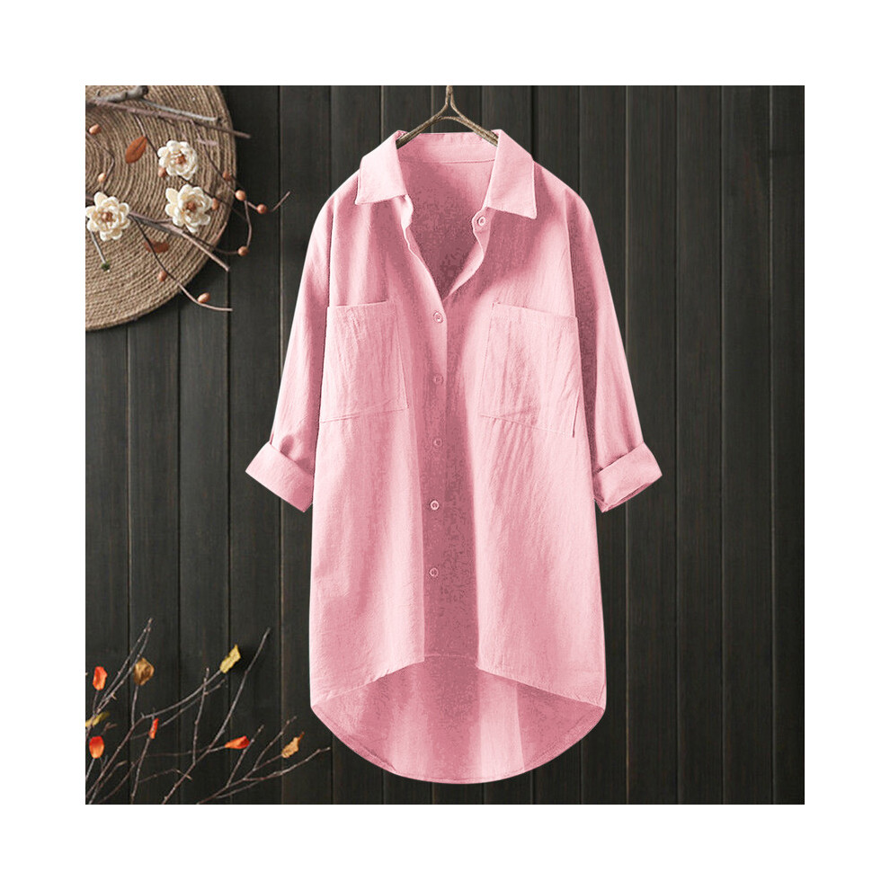 (Pink, M) Womens Cotton Button Down Shirts Solid Classic Long Sleeve Work Blouses Tops Large Size T Shirts For Woman Blusas Para Mujer