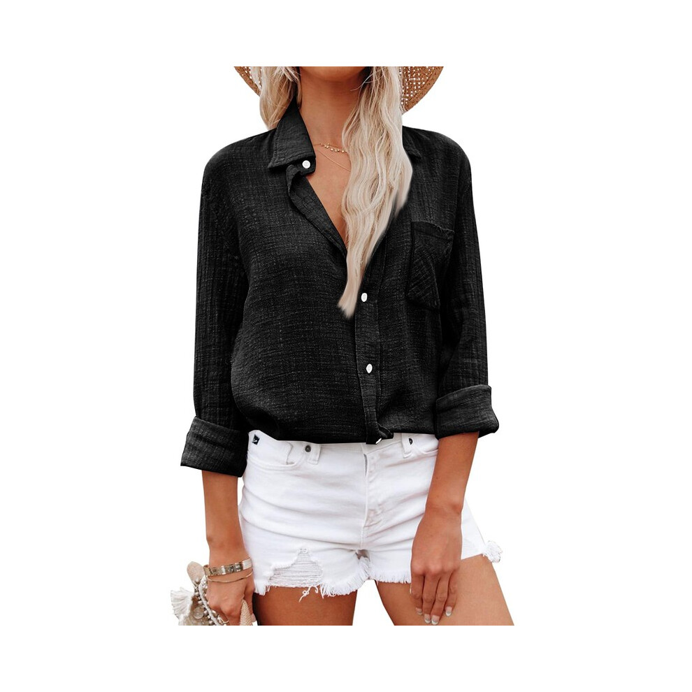 (Black, L) Elegant Cotton Linen Shirts Women Leisure Shirts Button Lapel Blusas Top Lady Loose Long Sleeve Oversized Shirt Casual T-Shirt