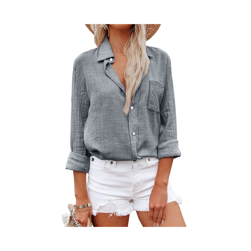 (Gray, S) Elegant Cotton Linen Shirts Women Leisure Shirts Button Lapel Blusas Top Lady Loose Long Sleeve Oversized Shirt Casual T-Shirt