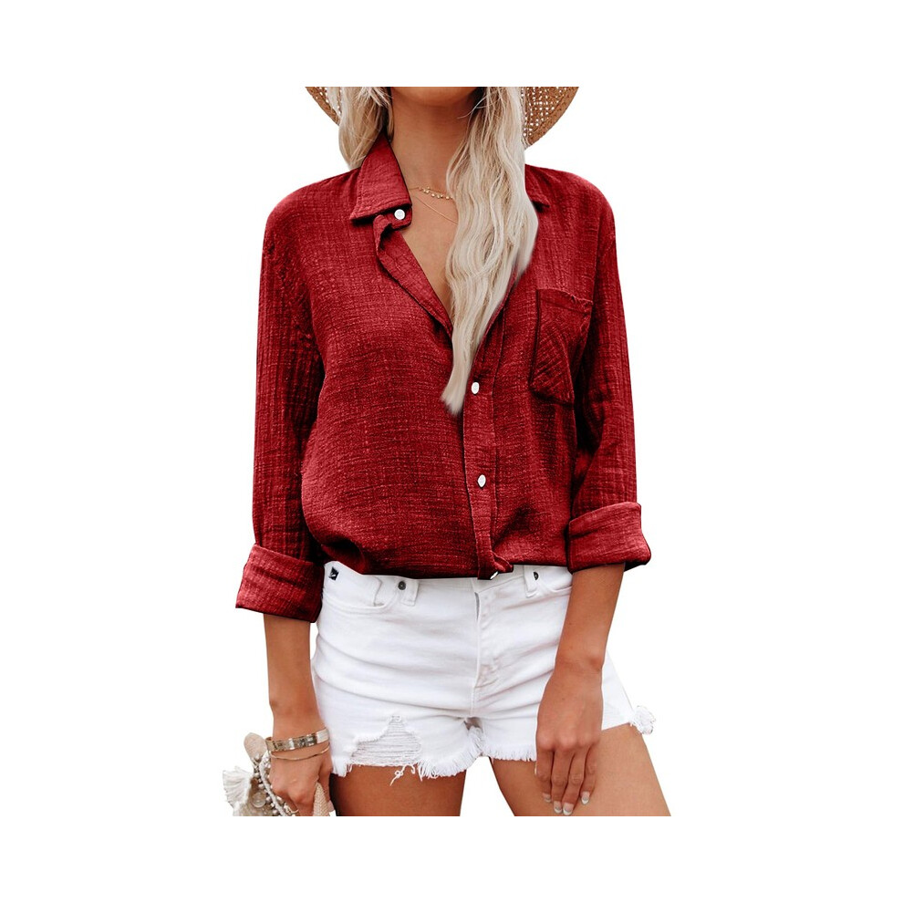 (Red, L) Elegant Cotton Linen Shirts Women Leisure Shirts Button Lapel Blusas Top Lady Loose Long Sleeve Oversized Shirt Casual T-Shirt