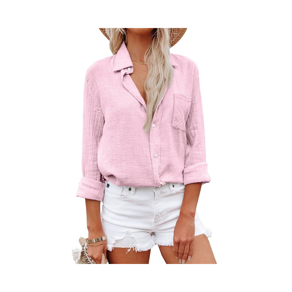 (Pink, S) Elegant Cotton Linen Shirts Women Leisure Shirts Button Lapel Blusas Top Lady Loose Long Sleeve Oversized Shirt Casual T-Shirt