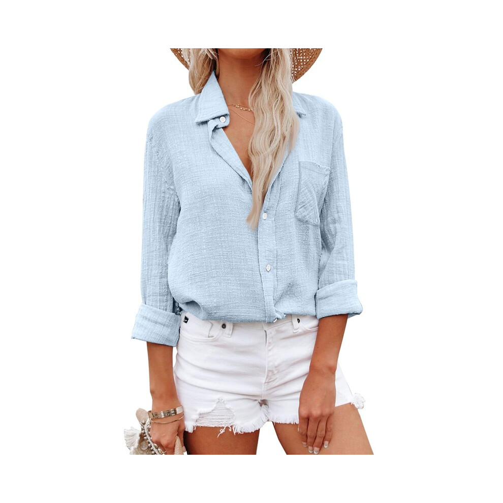 (Sky Blue, S) Elegant Cotton Linen Shirts Women Leisure Shirts Button Lapel Blusas Top Lady Loose Long Sleeve Oversized Shirt Casual T-Shirt