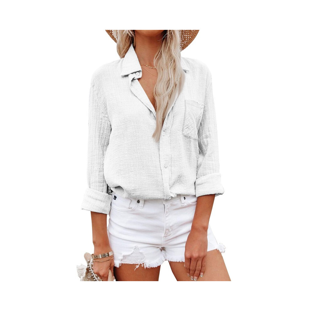 (White, M) Elegant Cotton Linen Shirts Women Leisure Shirts Button Lapel Blusas Top Lady Loose Long Sleeve Oversized Shirt Casual T-Shirt