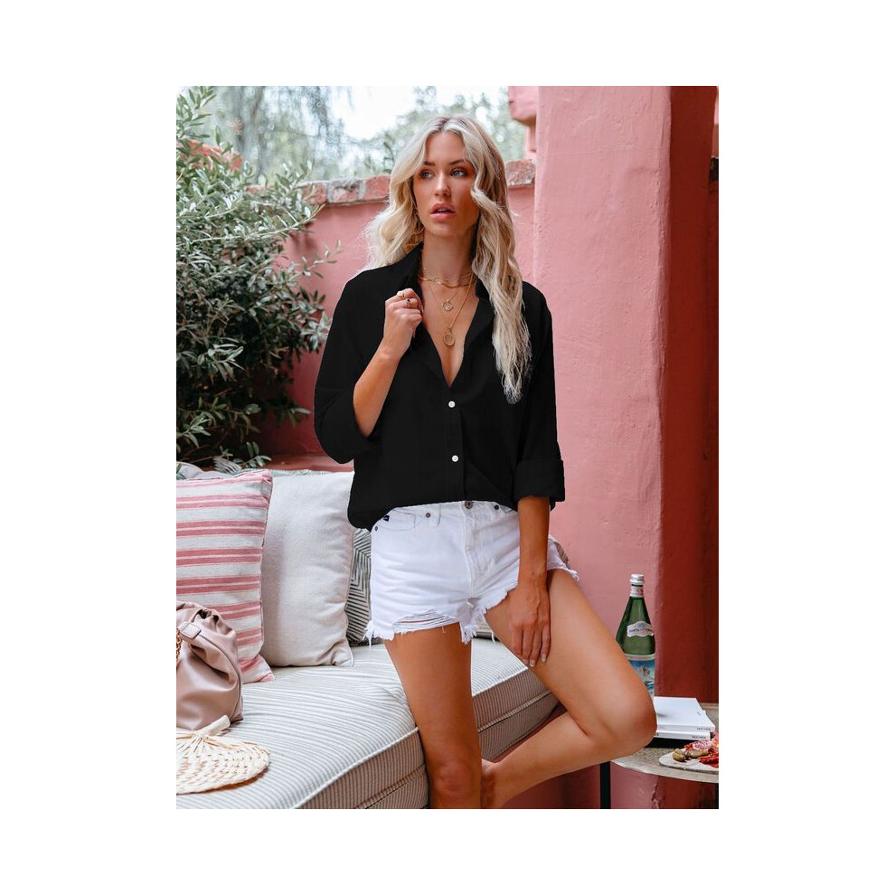 (black, 4XL) Women Casual Long Sleeve Cotton Linen Lapel Shirt Elegant Solid Loose Blouse Vintage Harajuku Button Up Tops Oversized Tunics