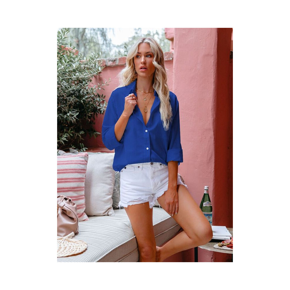 (Blue, M) Women Casual Long Sleeve Cotton Linen Lapel Shirt Elegant Solid Loose Blouse Vintage Harajuku Button Up Tops Oversized Tunics
