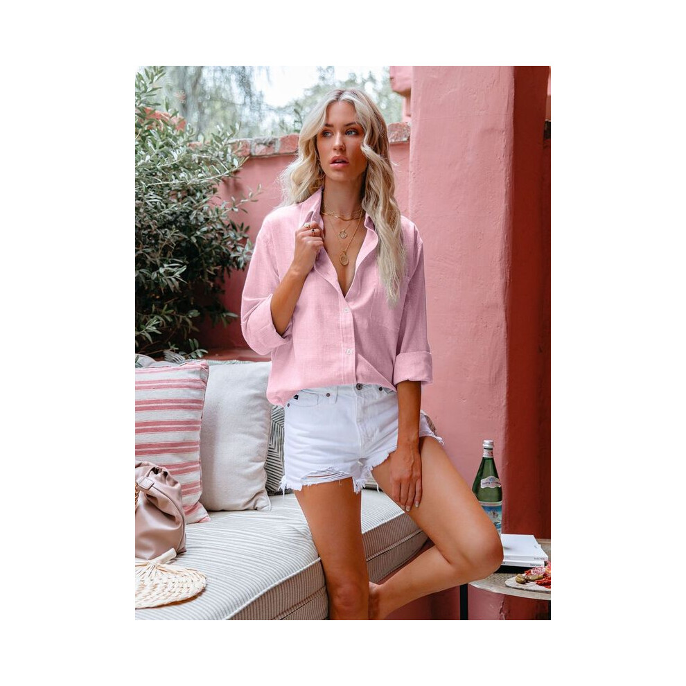 (Pink, 4XL) Women Casual Long Sleeve Cotton Linen Lapel Shirt Elegant Solid Loose Blouse Vintage Harajuku Button Up Tops Oversized Tunics