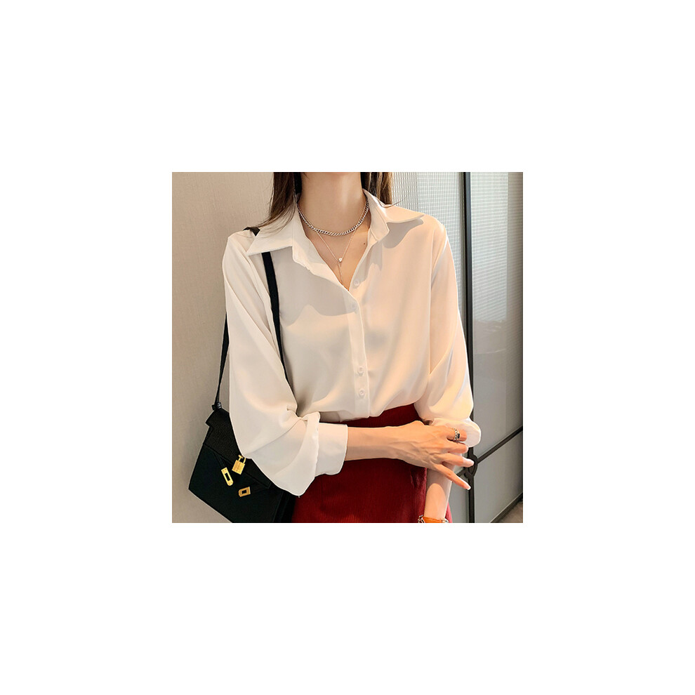 Maxpower (White, L) Spring And Autumn Casual Chiffon Shirt Women Office Ladies Shirt Fashion Women's Long Sleeve Loose Solid Color Shirt Tops