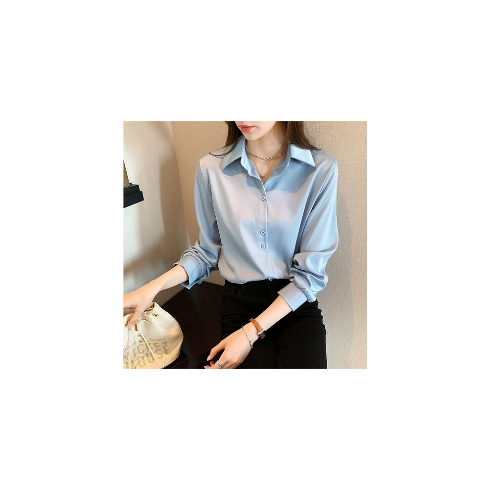 Maxpower (Blue, S) Spring And Autumn Casual Chiffon Shirt Women Office Ladies Shirt Fashion Women's Long Sleeve Loose Solid Color Shirt Tops