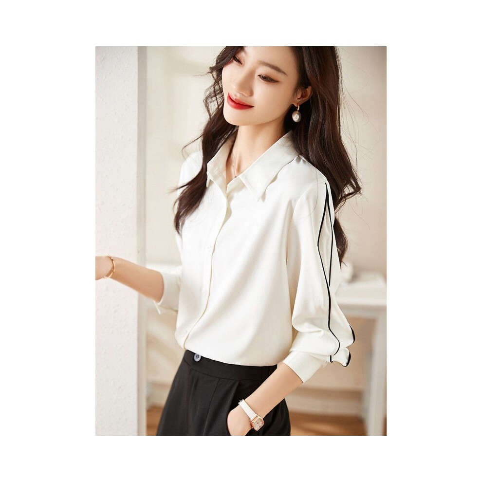 (WHITE, XXL) Women Spring Autumn Korean Fashion Loose Solid Color Polo Collar Long Sleeve Shirts Ladies Simplicity Office Lady All-match Tops